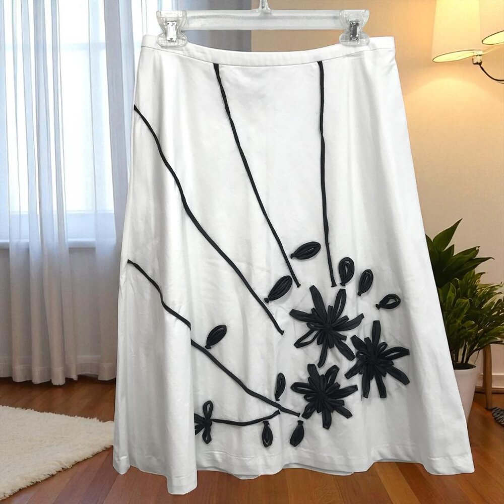 Vintage 90s Y2K Laura Leigh Floral A-Line Skirt Piped Ribbon White Black Size 6